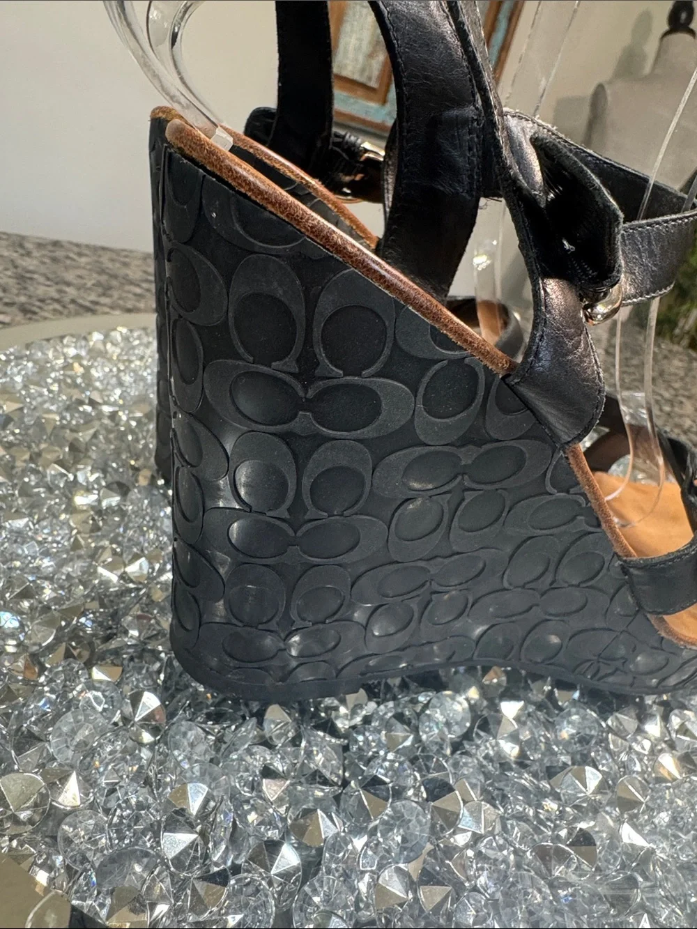 Coach Elize leather Black Logo-Embossed Wedge Sandals with Buckle Detail